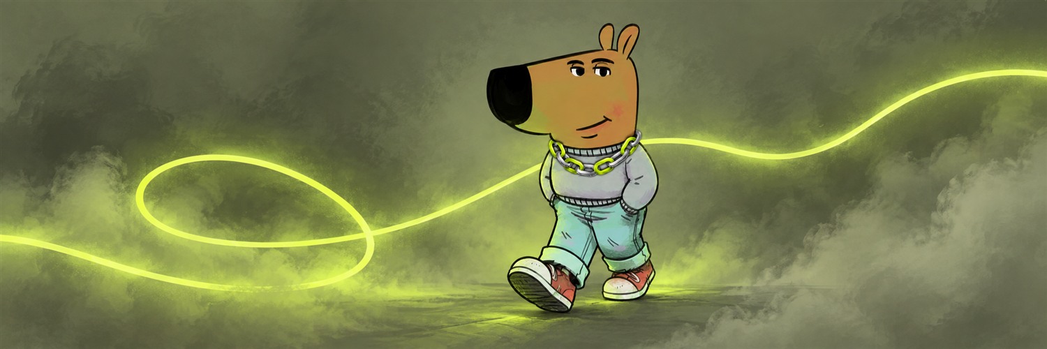 Twine Guy walking through olive fog along a glowing lime thread