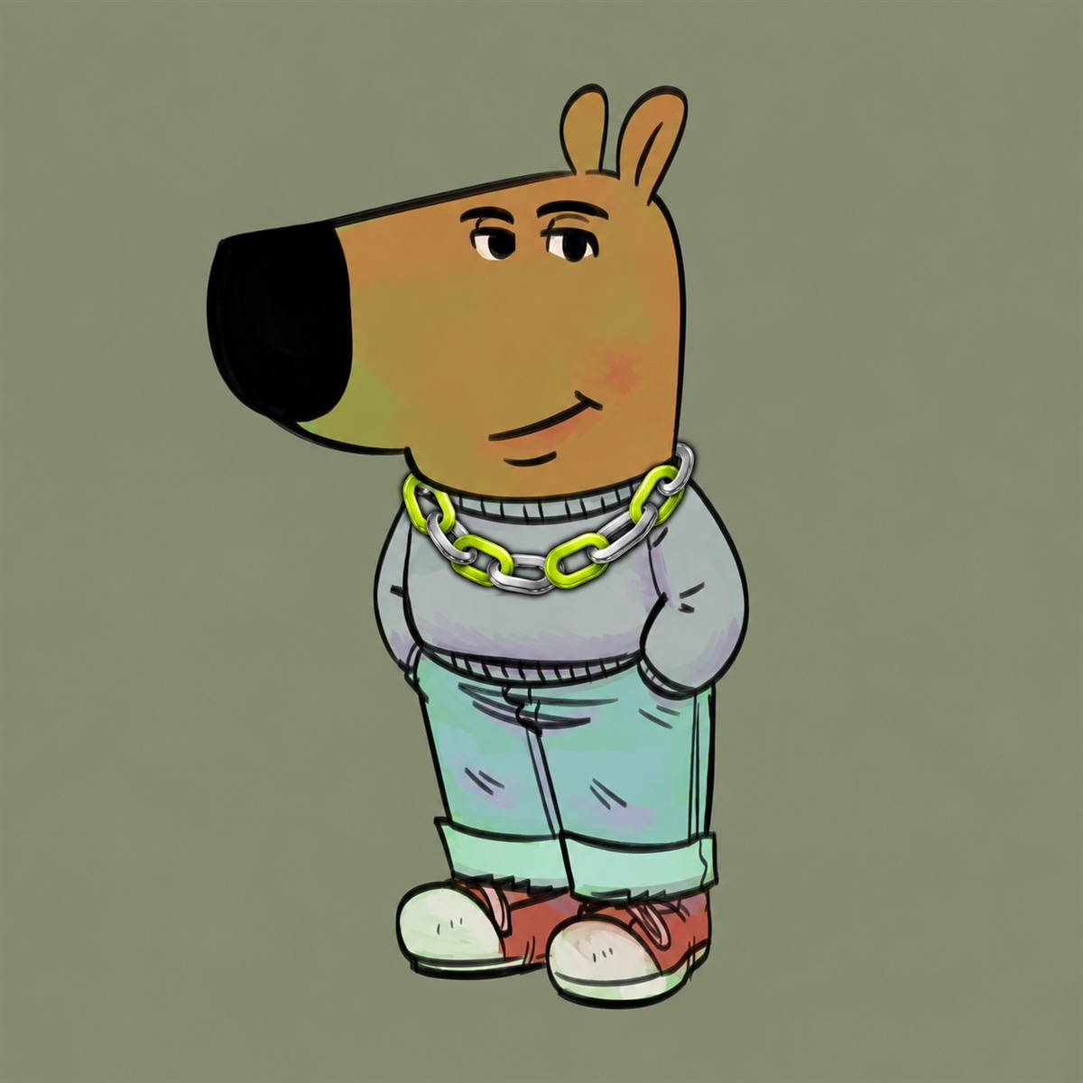 Twine Guy, a relaxed capybara-like character in a gray sweater, mint shorts and a bright chain