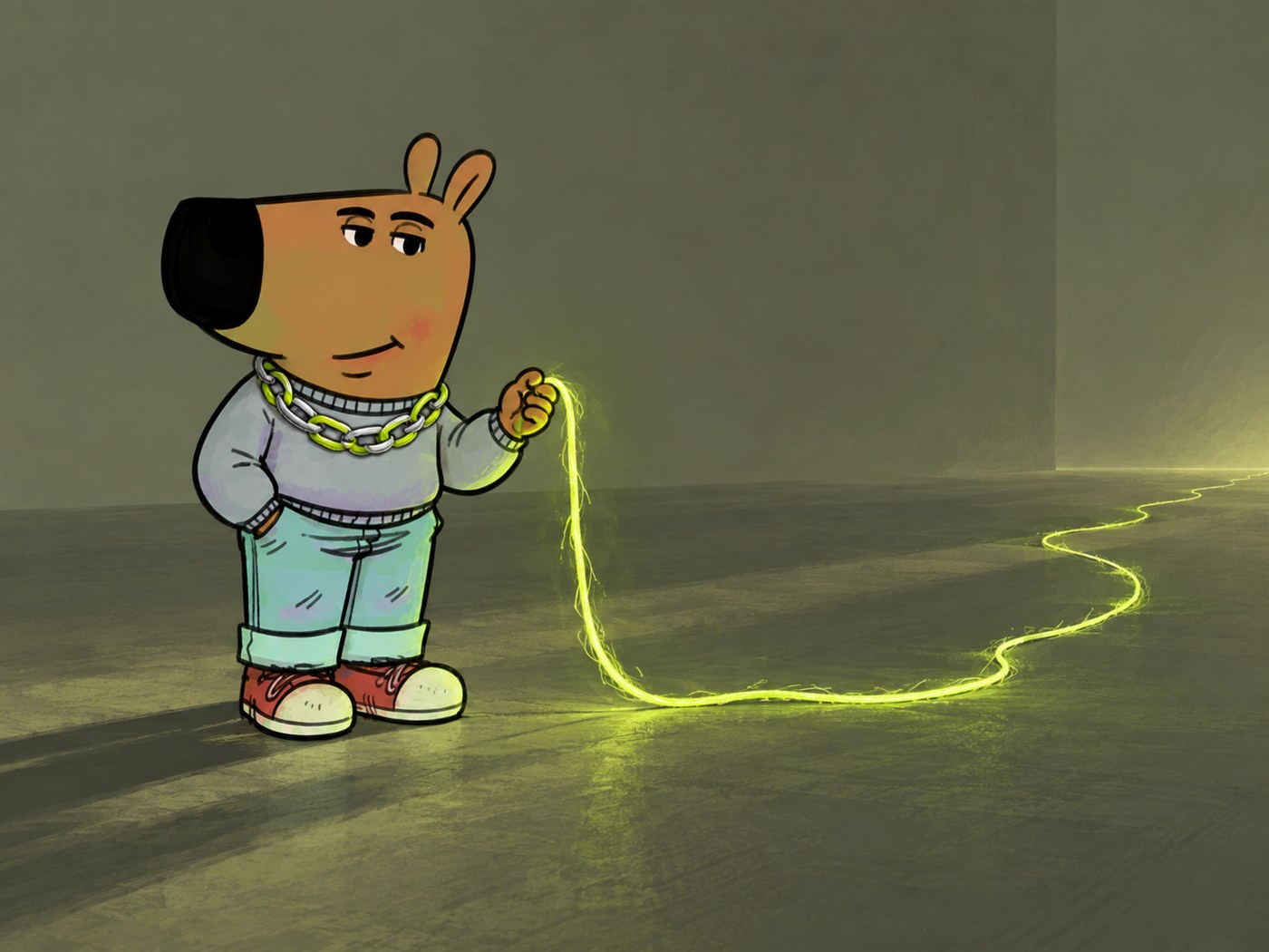 Twine Guy holding a glowing strand that trails into the distance
