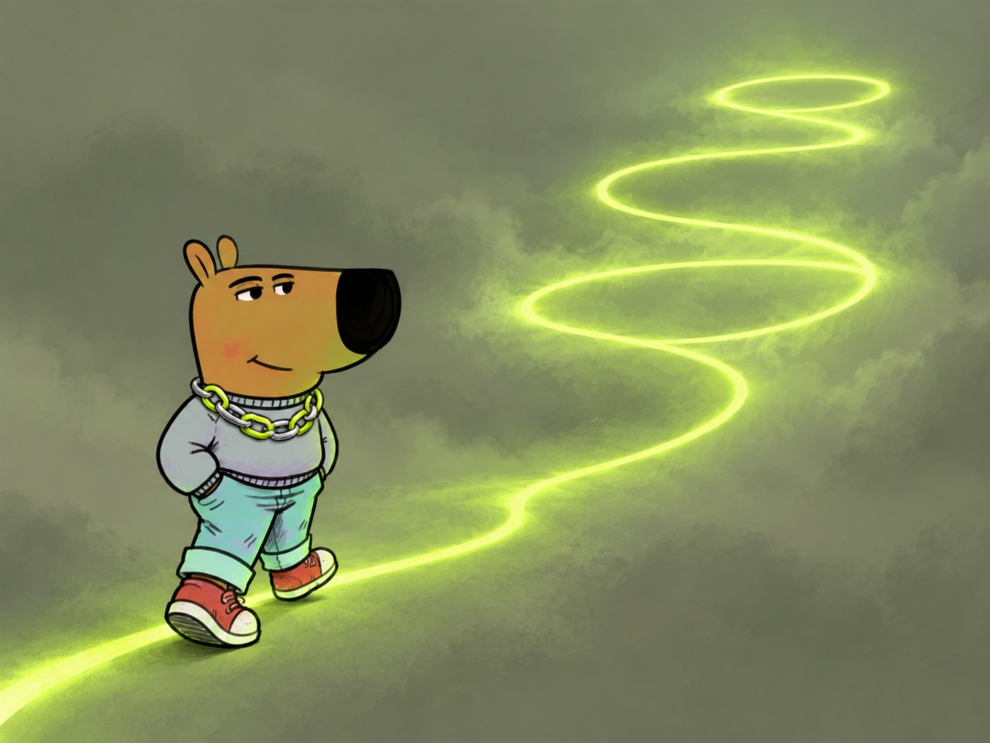 Twine Guy following a glowing path into three loops in the fog